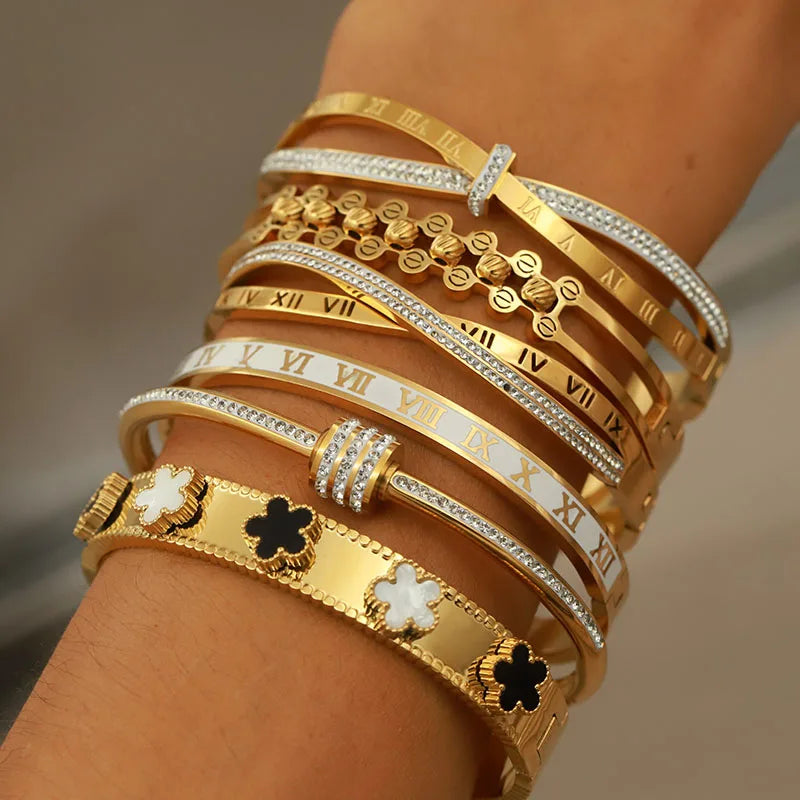 316L Stainless Steel 18K PVD Plated Beads Cross Bangles for Women Fashion Brand Jewelry Golden Flower Bangles Party Accessories