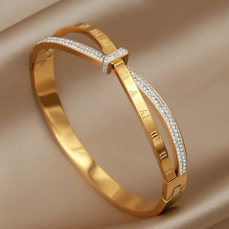 316L Stainless Steel 18K PVD Plated Beads Cross Bangles for Women Fashion Brand Jewelry Golden Flower Bangles Party Accessories