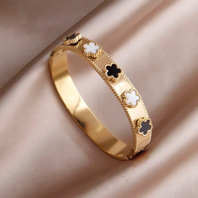 316L Stainless Steel 18K PVD Plated Beads Cross Bangles for Women Fashion Brand Jewelry Golden Flower Bangles Party Accessories