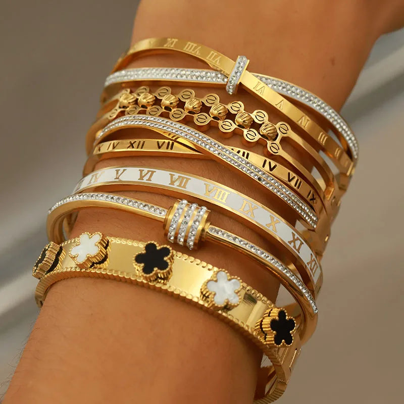 316L Stainless Steel 18K PVD Plated Beads Cross Bangles for Women Fashion Brand Jewelry Golden Flower Bangles Party Accessories