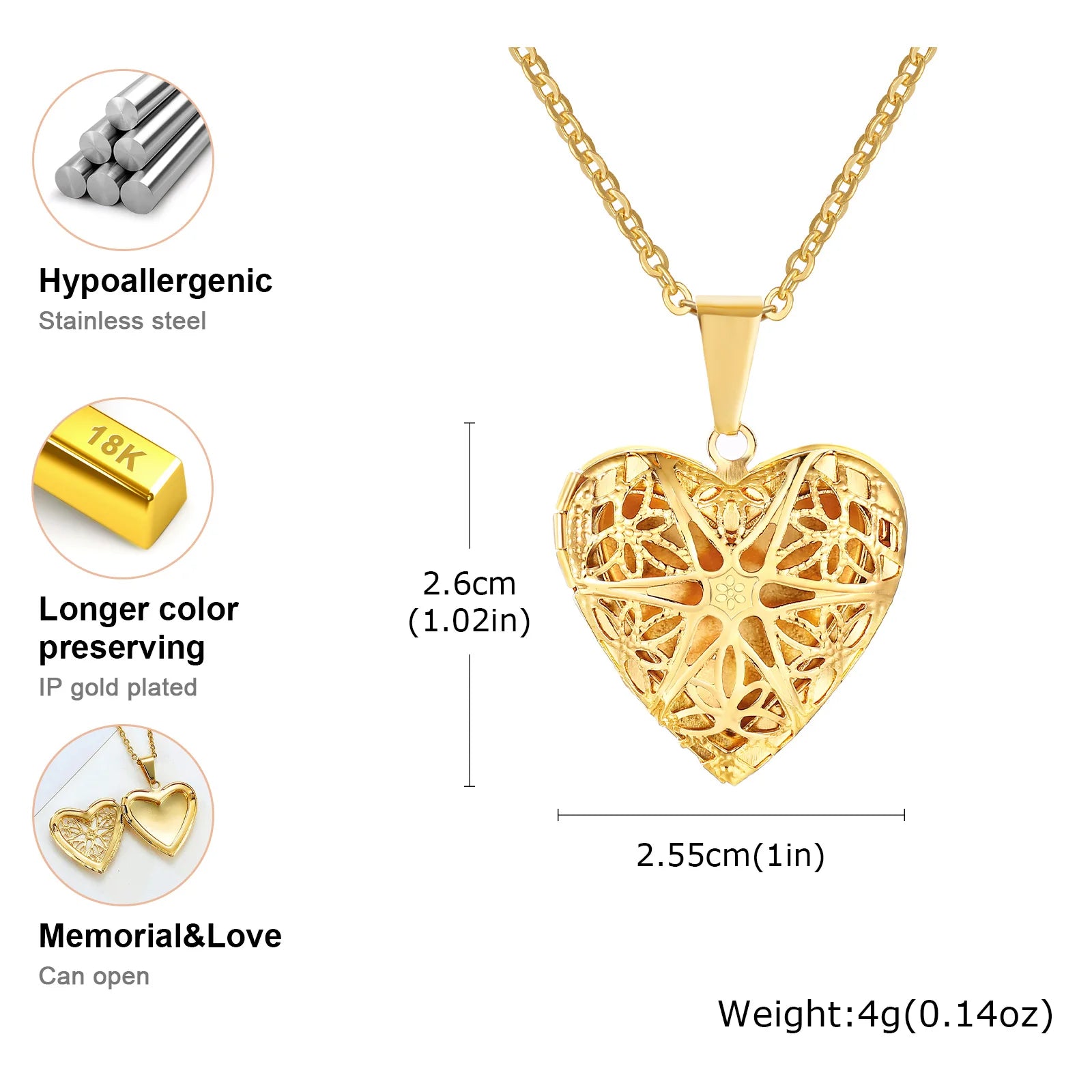 Light Heart Locket Pendants for Women Men Openable Photo Frame Glossy Stainless Steel Necklaces Family Love Collar