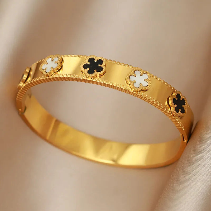 316L Stainless Steel 18K PVD Plated Beads Cross Bangles for Women Fashion Brand Jewelry Golden Flower Bangles Party Accessories
