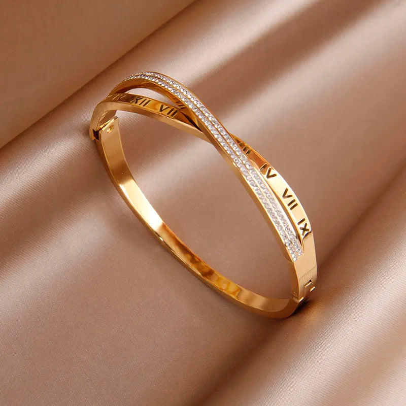 316L Stainless Steel 18K PVD Plated Beads Cross Bangles for Women Fashion Brand Jewelry Golden Flower Bangles Party Accessories