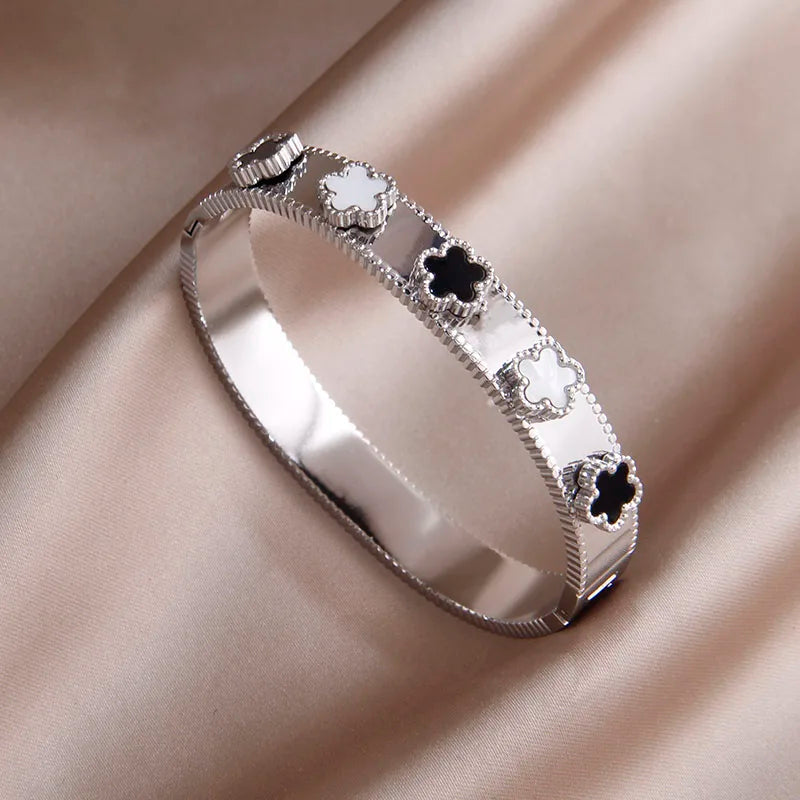 316L Stainless Steel 18K PVD Plated Beads Cross Bangles for Women Fashion Brand Jewelry Golden Flower Bangles Party Accessories