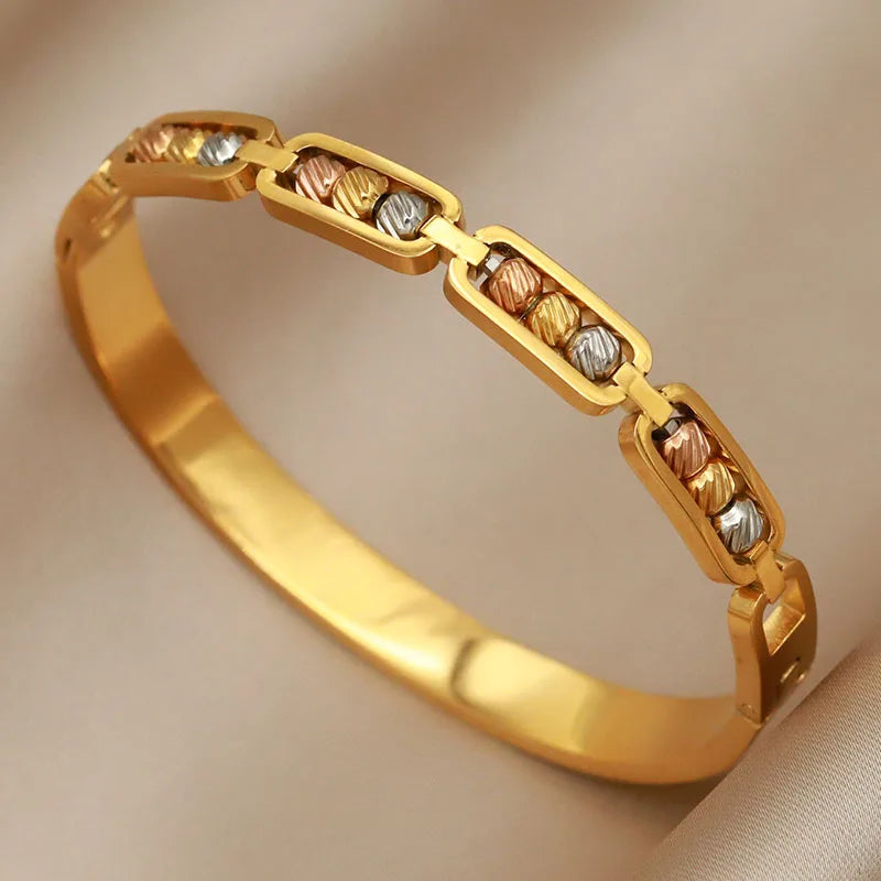 316L Stainless Steel 18K PVD Plated Beads Cross Bangles for Women Fashion Brand Jewelry Golden Flower Bangles Party Accessories