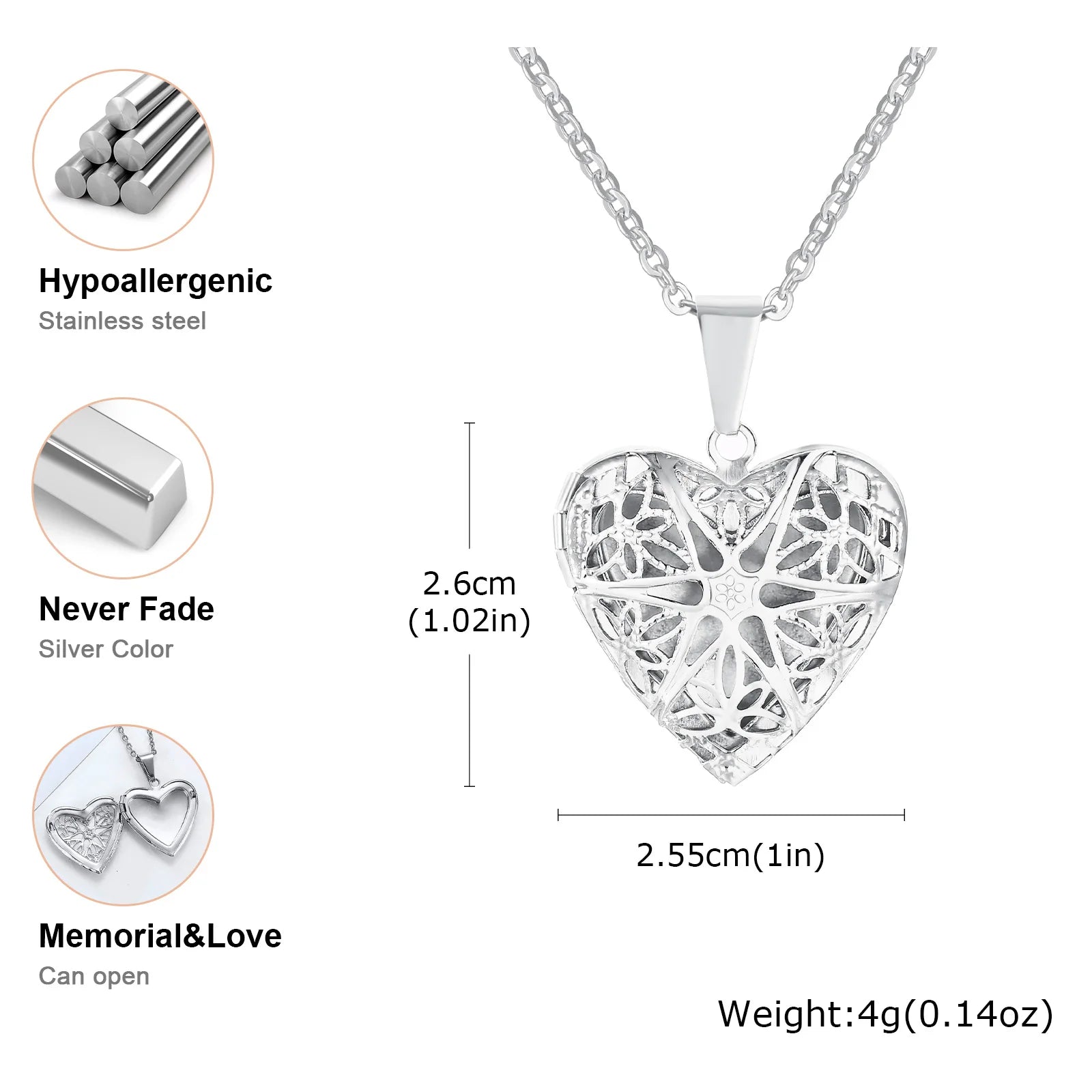 Light Heart Locket Pendants for Women Men Openable Photo Frame Glossy Stainless Steel Necklaces Family Love Collar
