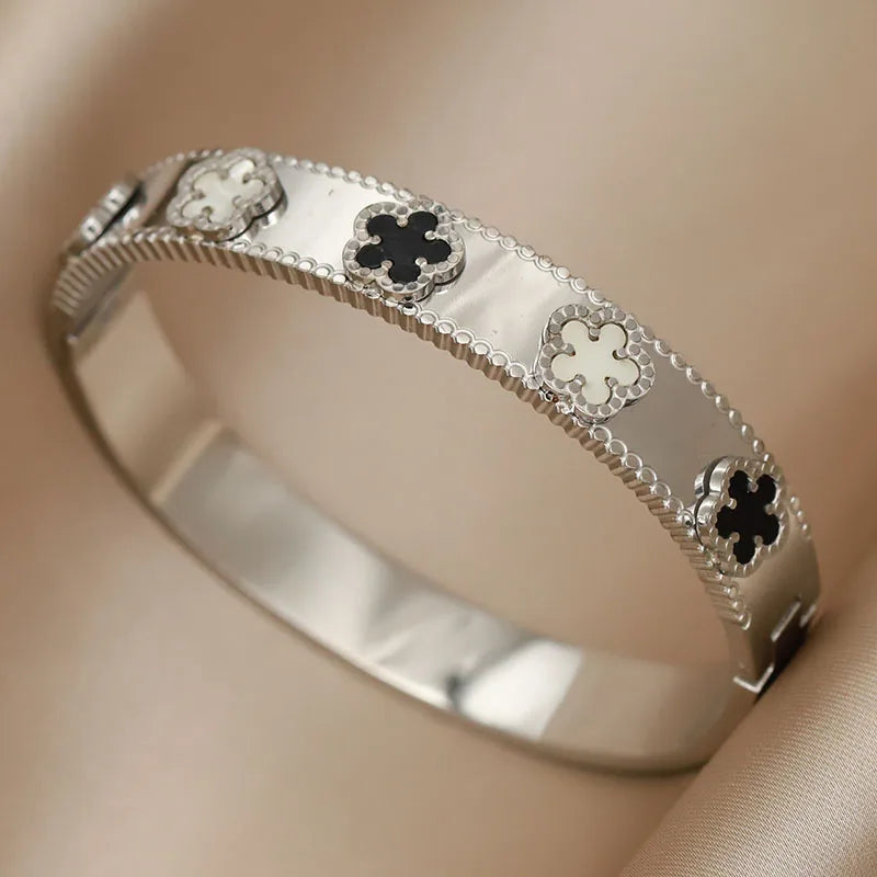 316L Stainless Steel 18K PVD Plated Beads Cross Bangles for Women Fashion Brand Jewelry Golden Flower Bangles Party Accessories