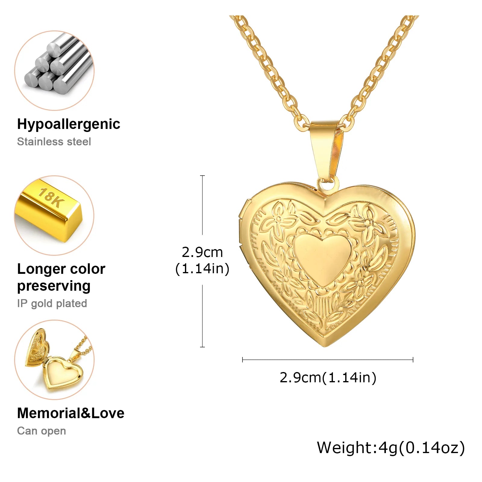 Light Heart Locket Pendants for Women Men Openable Photo Frame Glossy Stainless Steel Necklaces Family Love Collar