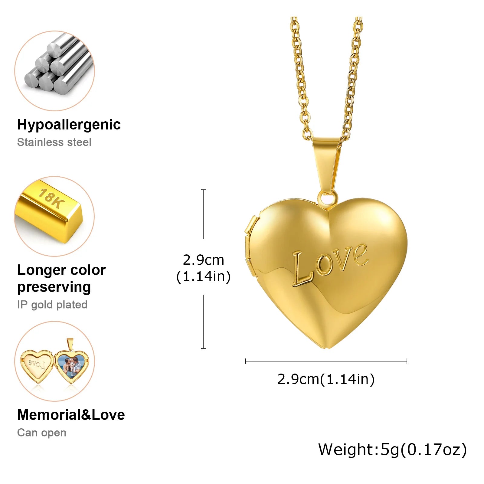 Light Heart Locket Pendants for Women Men Openable Photo Frame Glossy Stainless Steel Necklaces Family Love Collar