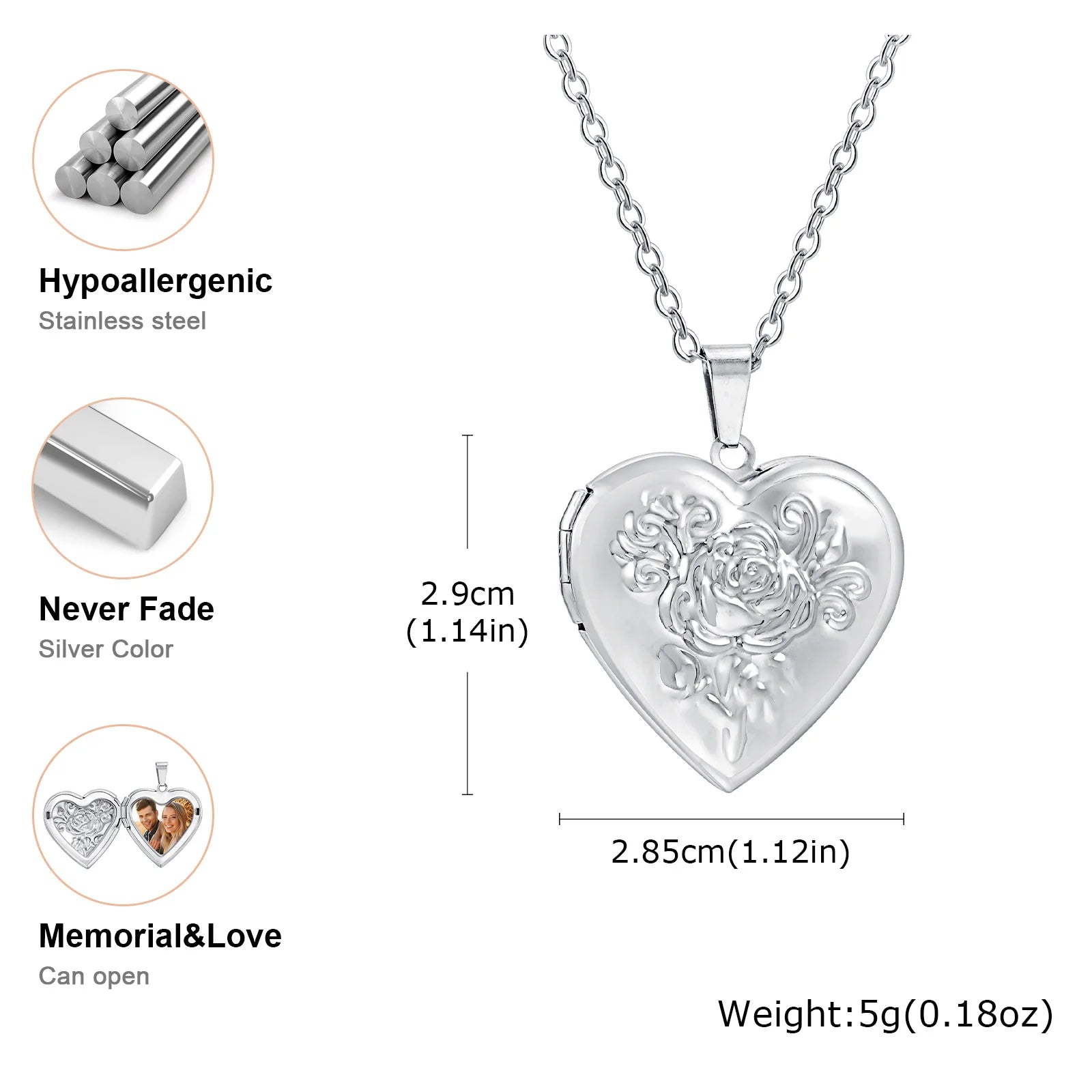 Light Heart Locket Pendants for Women Men Openable Photo Frame Glossy Stainless Steel Necklaces Family Love Collar