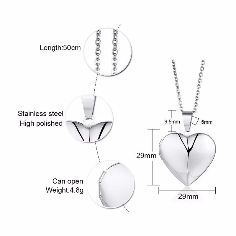 Light Heart Locket Pendants for Women Men Openable Photo Frame Glossy Stainless Steel Necklaces Family Love Collar