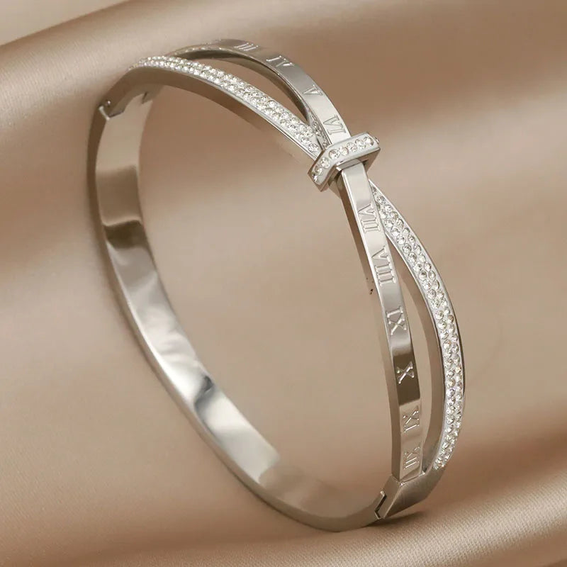 316L Stainless Steel 18K PVD Plated Beads Cross Bangles for Women Fashion Brand Jewelry Golden Flower Bangles Party Accessories