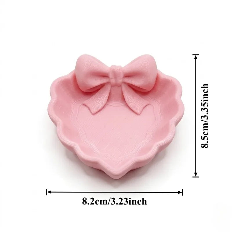 Heart-Shaped 3D Printed Jewelry Tray with Pink Bow, Elegant Decor for Table, Sink & Office Desk, Perfect for Jewelry Storage