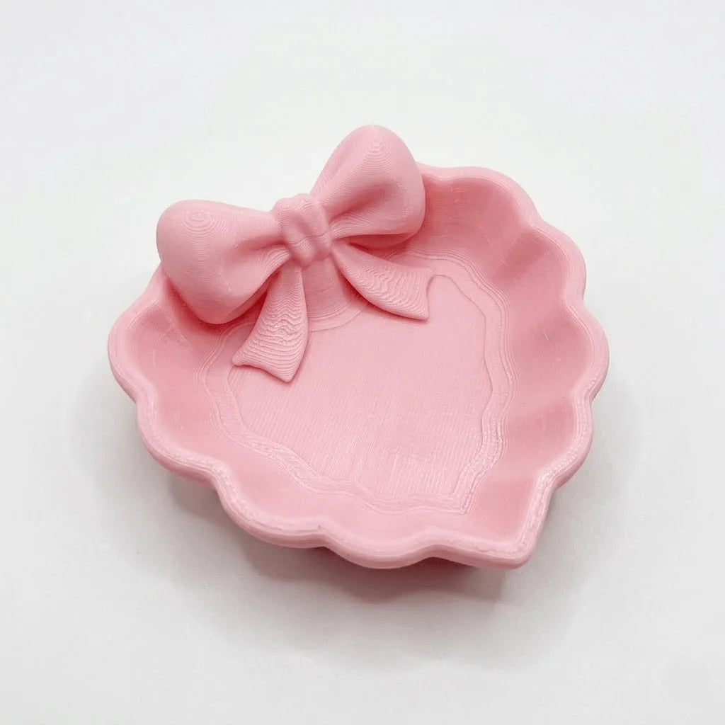 Heart-Shaped 3D Printed Jewelry Tray with Pink Bow, Elegant Decor for Table, Sink & Office Desk, Perfect for Jewelry Storage