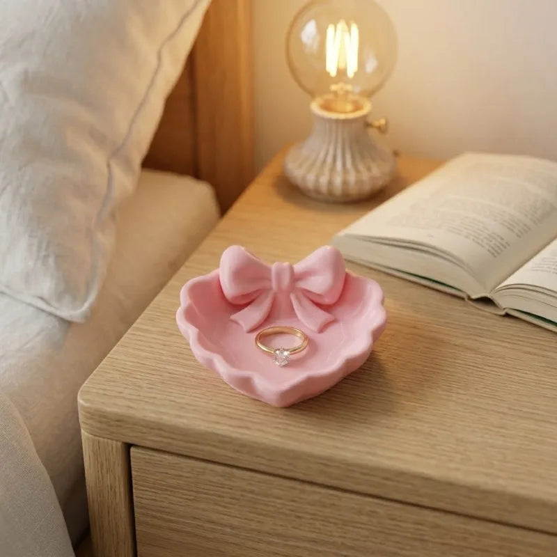 Heart-Shaped 3D Printed Jewelry Tray with Pink Bow, Elegant Decor for Table, Sink & Office Desk, Perfect for Jewelry Storage