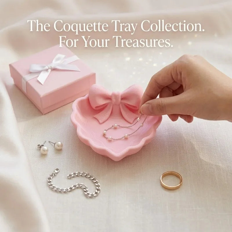 Heart-Shaped 3D Printed Jewelry Tray with Pink Bow, Elegant Decor for Table, Sink & Office Desk, Perfect for Jewelry Storage