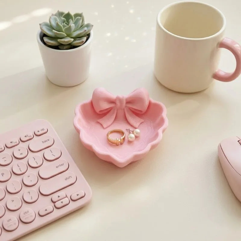Heart-Shaped 3D Printed Jewelry Tray with Pink Bow, Elegant Decor for Table, Sink & Office Desk, Perfect for Jewelry Storage