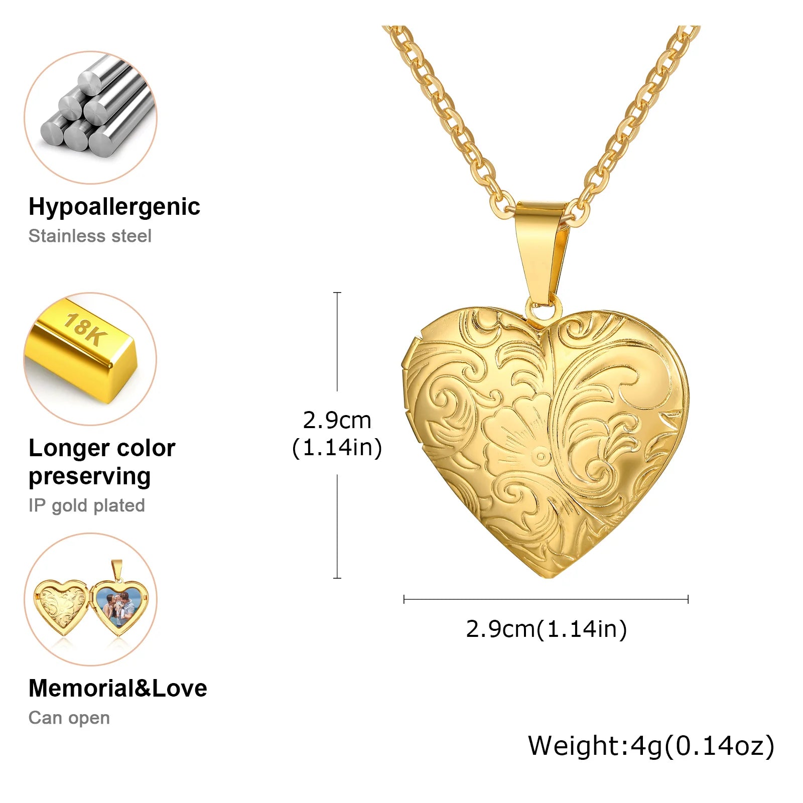 Light Heart Locket Pendants for Women Men Openable Photo Frame Glossy Stainless Steel Necklaces Family Love Collar