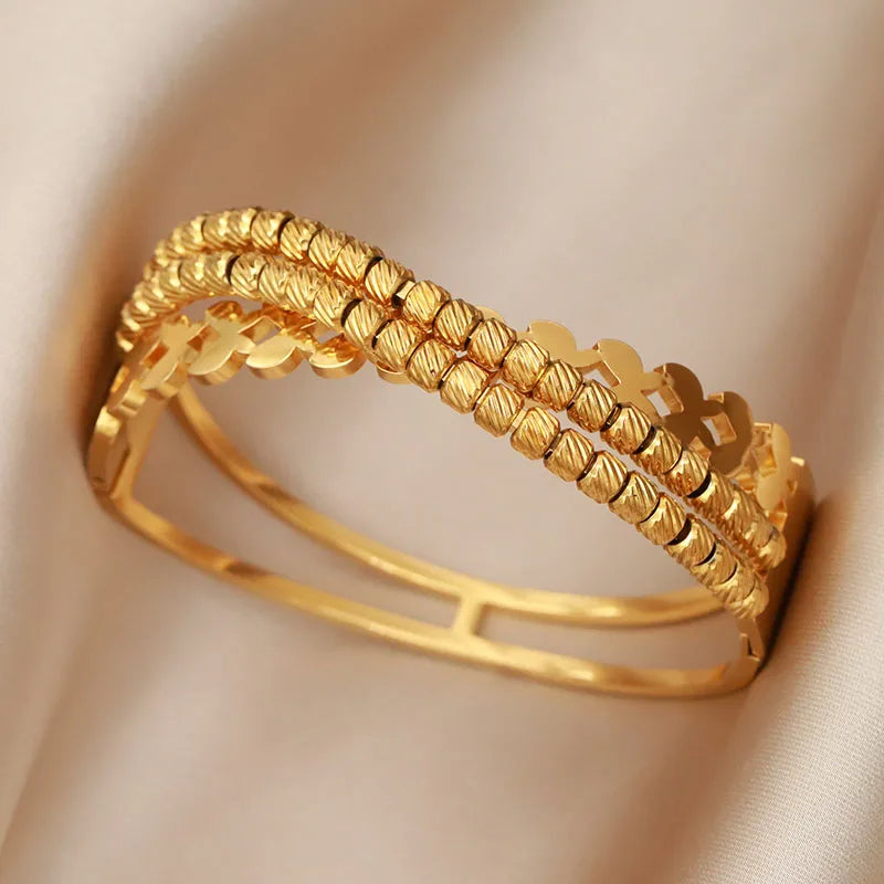 316L Stainless Steel 18K PVD Plated Beads Cross Bangles for Women Fashion Brand Jewelry Golden Flower Bangles Party Accessories