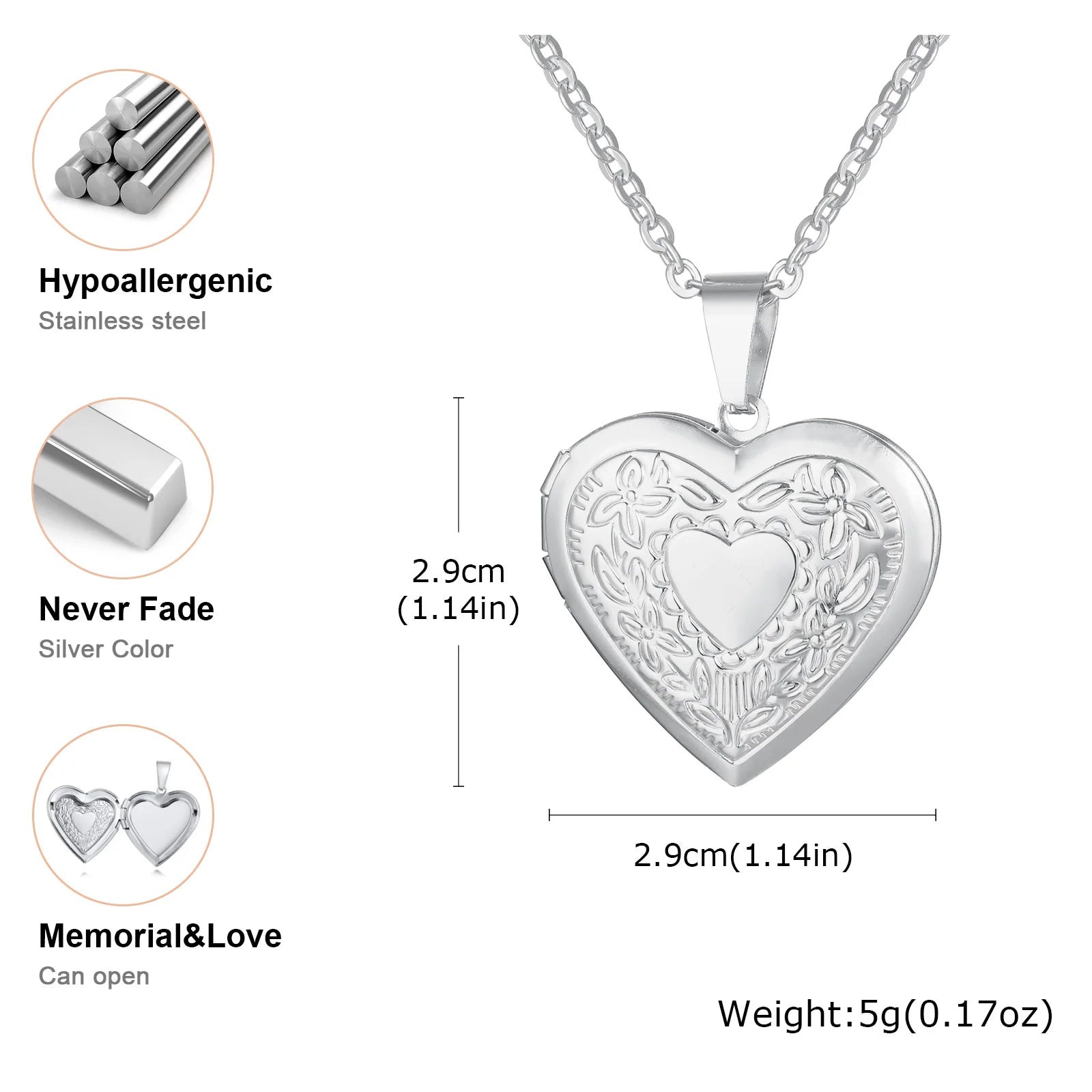 Light Heart Locket Pendants for Women Men Openable Photo Frame Glossy Stainless Steel Necklaces Family Love Collar