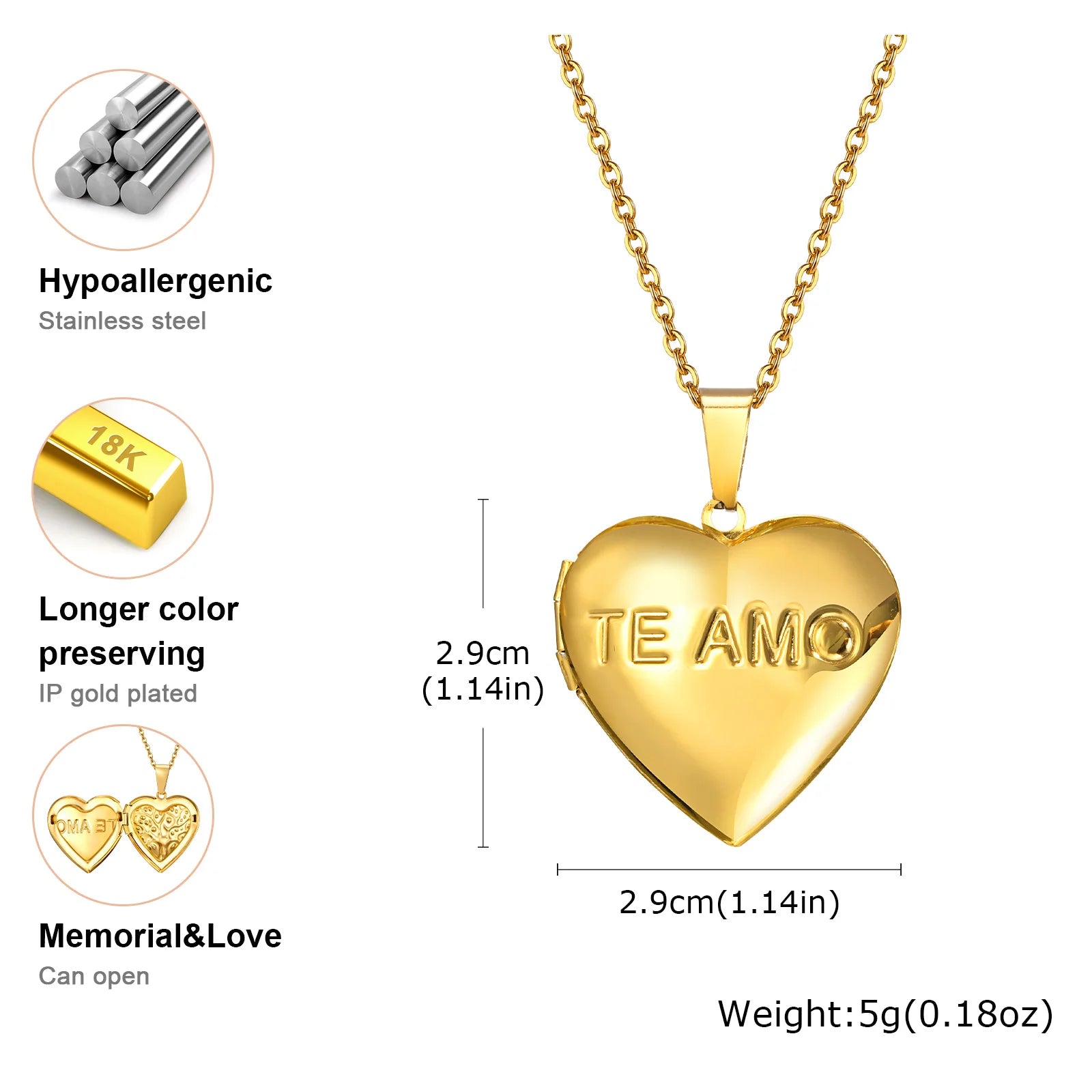 Light Heart Locket Pendants for Women Men Openable Photo Frame Glossy Stainless Steel Necklaces Family Love Collar